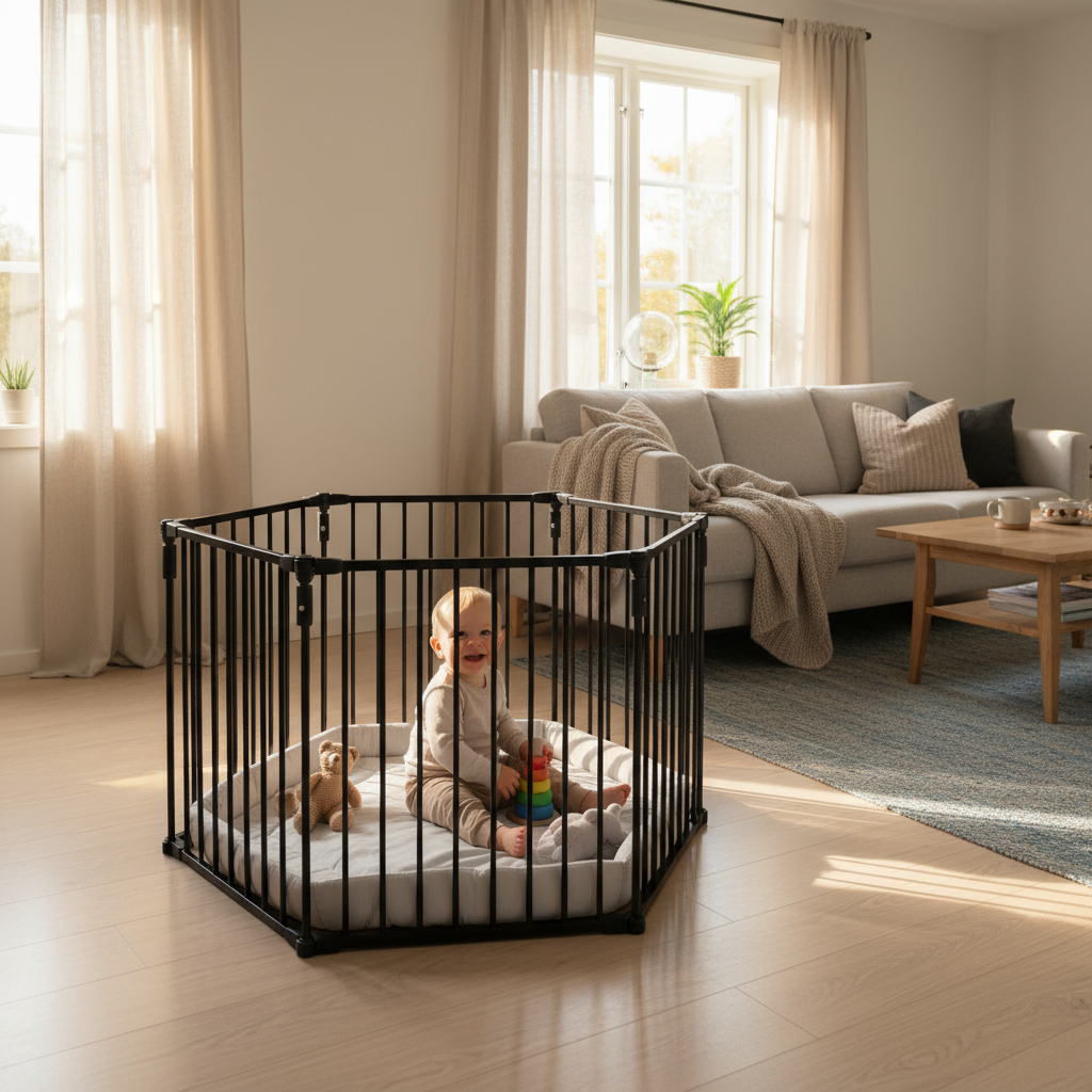 En baby sitter i en svart sekskantet babygrind med lys grå matte og holder en fargerik stableleke.