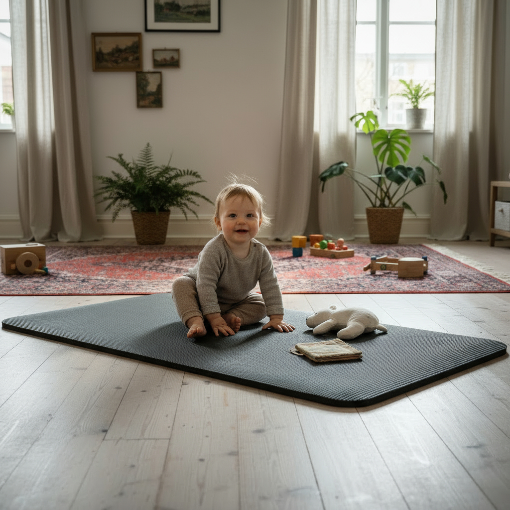 Baby i lys brun langermet genser og matchende bukser, sittende på en mørkegrå lekematte.
