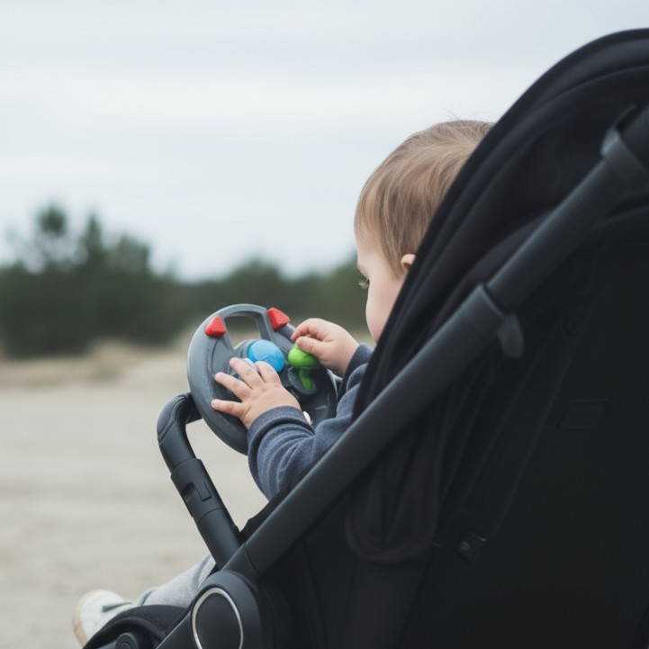 Baby i en svart barnevogn som leker med et grått lekeratt, iført en mørkegrå langermet topp og grå bukser.