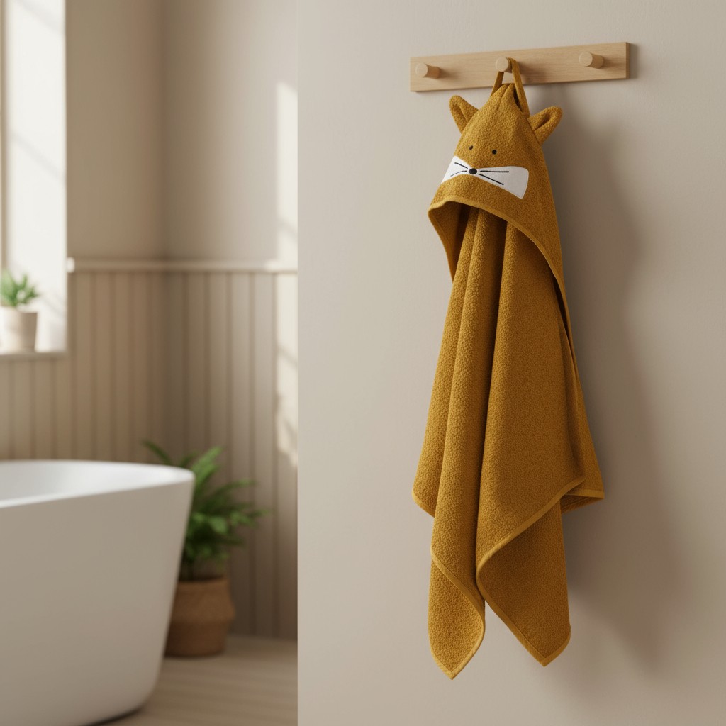 Sennepsgul hettehåndkle med reveansiktsdesign, hengende på et treveggstativ på badet.