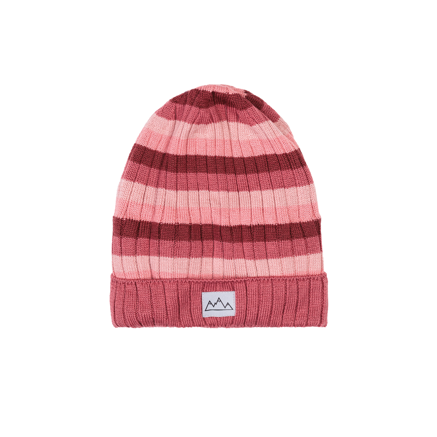 Forfra en ribbestrikket lue med rosa og burgunder striper og en fjellogoetikett.