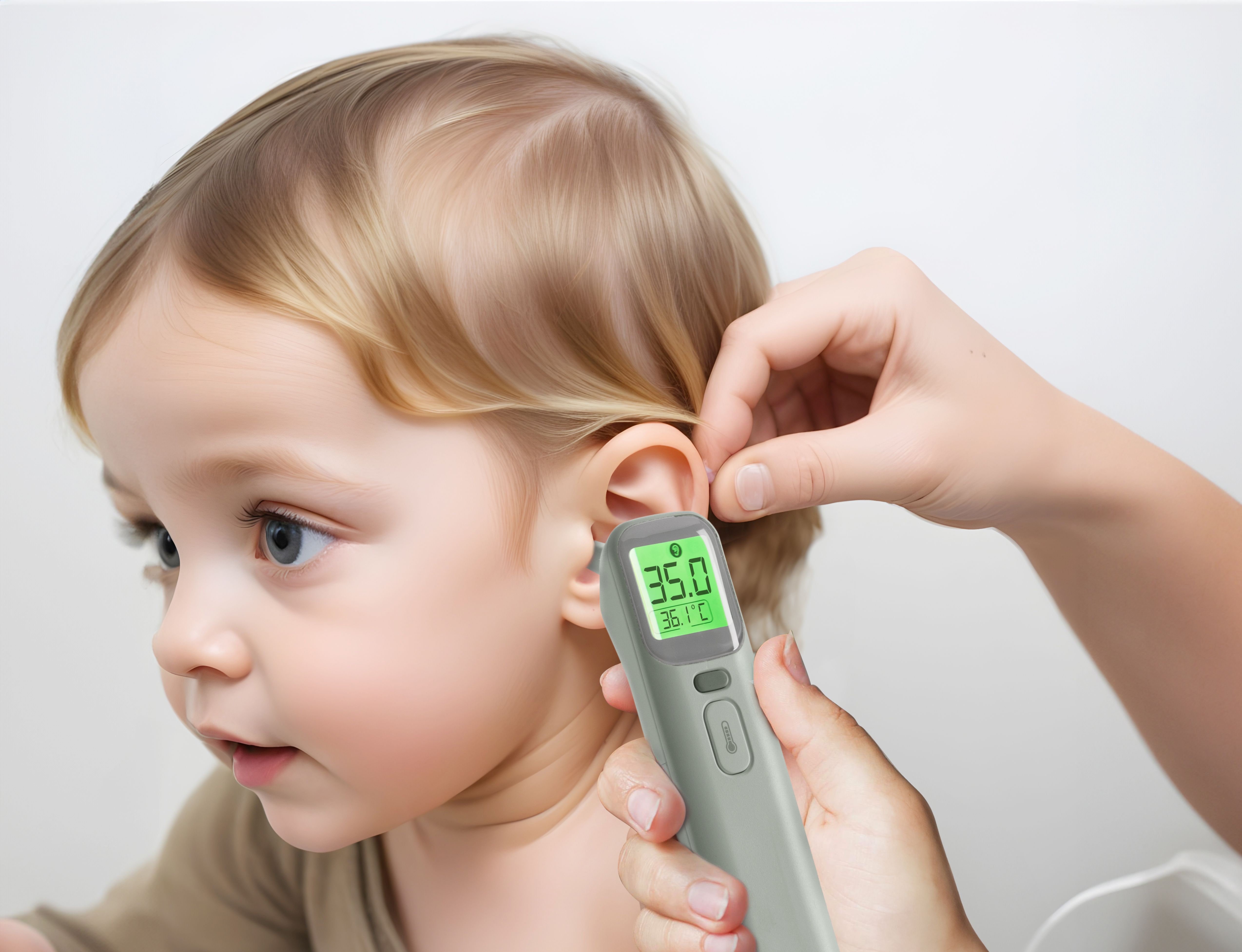 Grå digital øretermometer med grønn skjerm holdes av voksen hånd i babys øre.