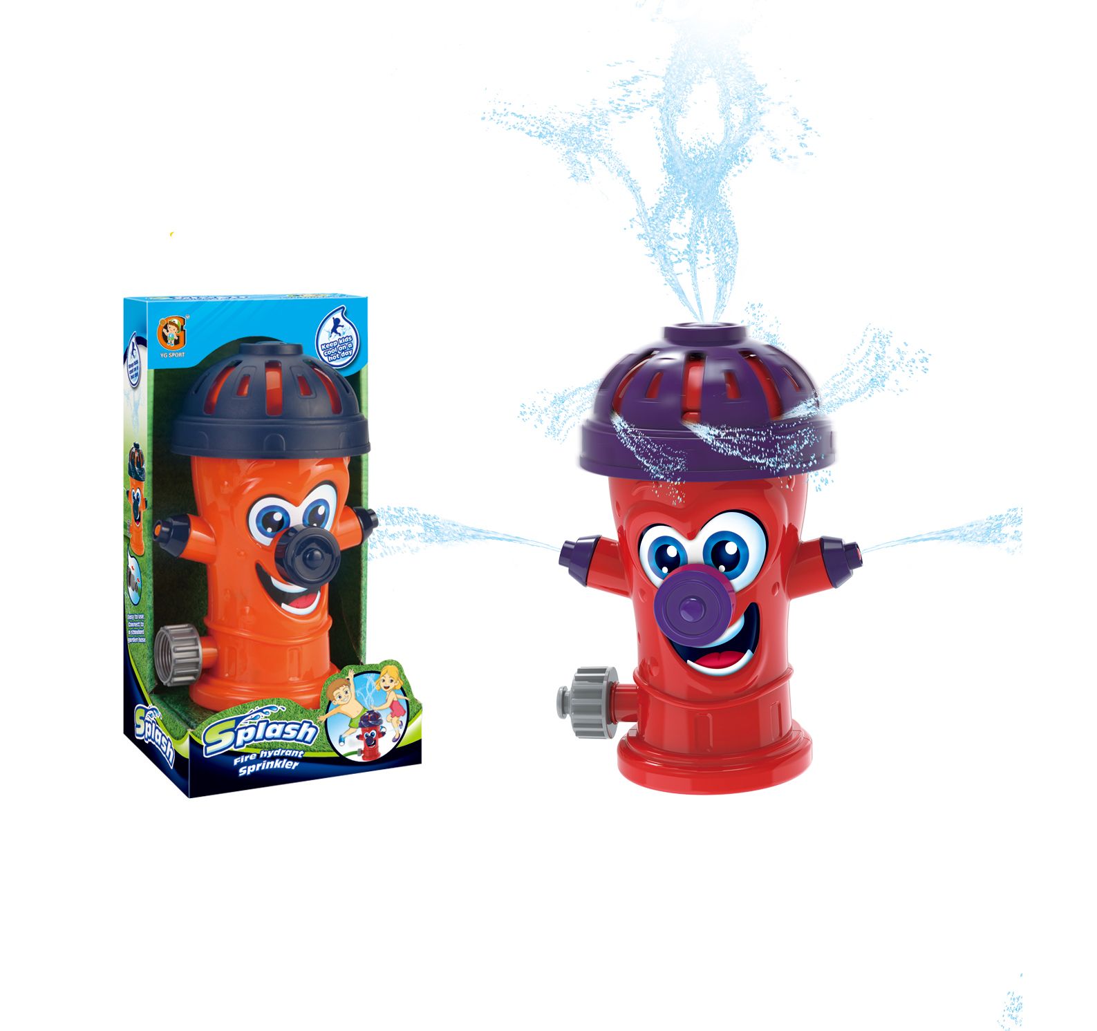 Rød brannhydrant lekespreder med lilla topp som spruter vann, ved siden av en oransje i produkteske.