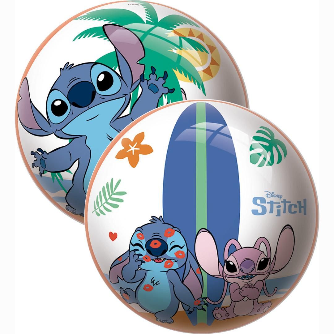 To hvite Disney Stitch badeballer med karaktertrykk og tropiske design.
