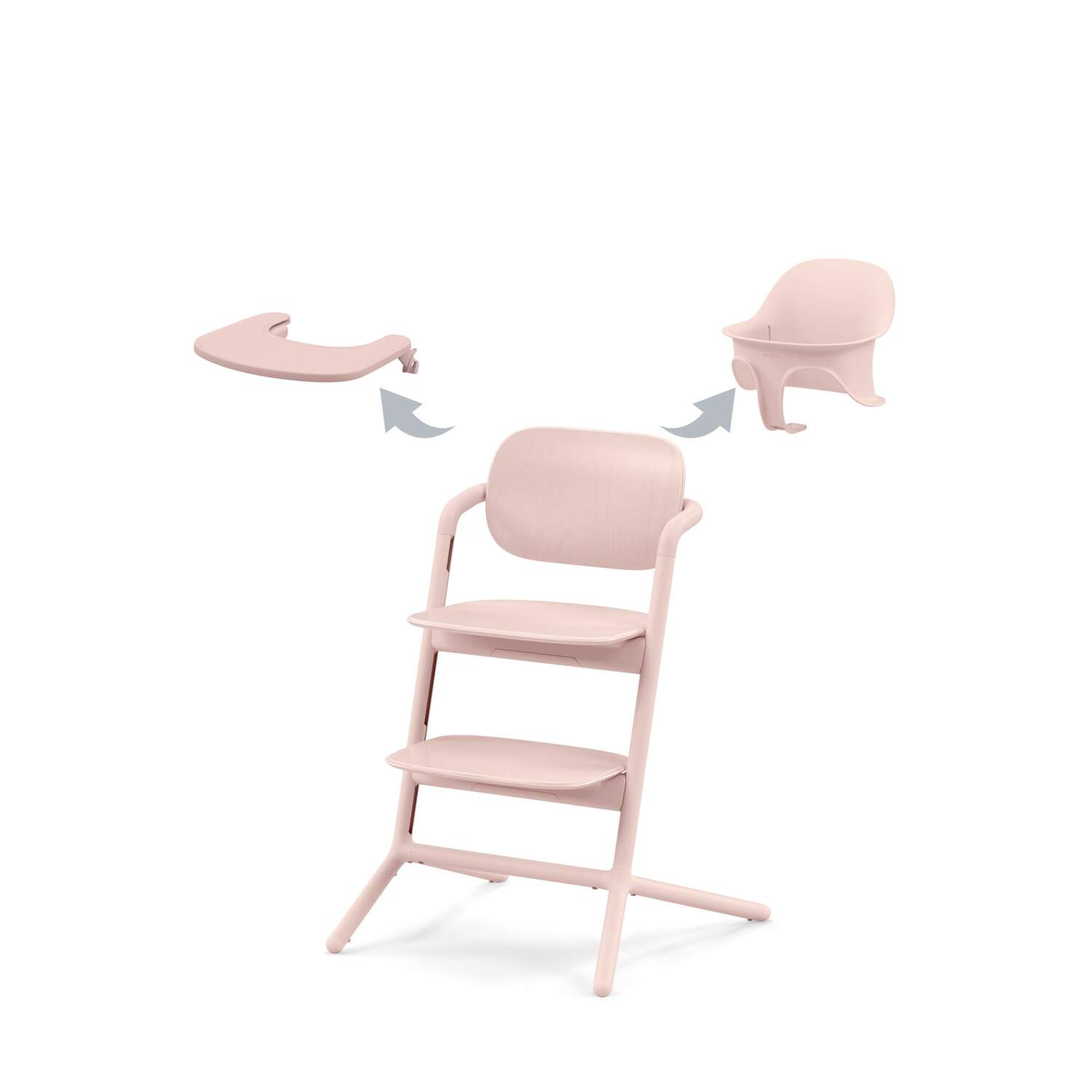 En rosa barnestolramme med et matchende rosa seteinnlegg og avtakbart brett, vist mot en hvit bakgrunn.