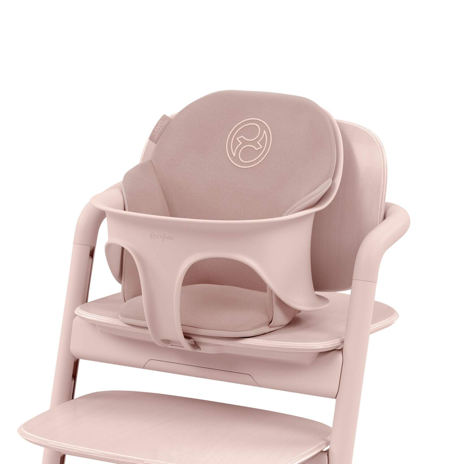 Rosa babystol med sikkerhetsbøyle og mykt polstret seteinnlegg med et diskret design, forfra.