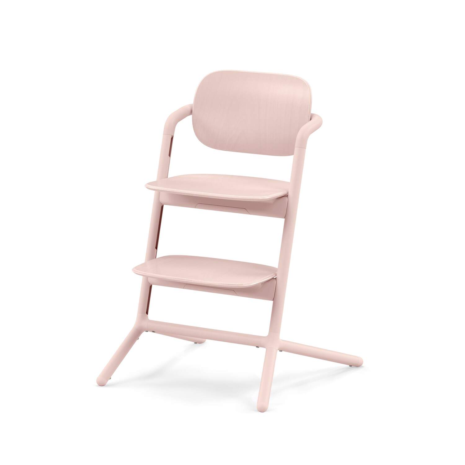 Rosa barnestol i tre med buet ryggstøtte, flatt sete og fotstøtte, forfra.
