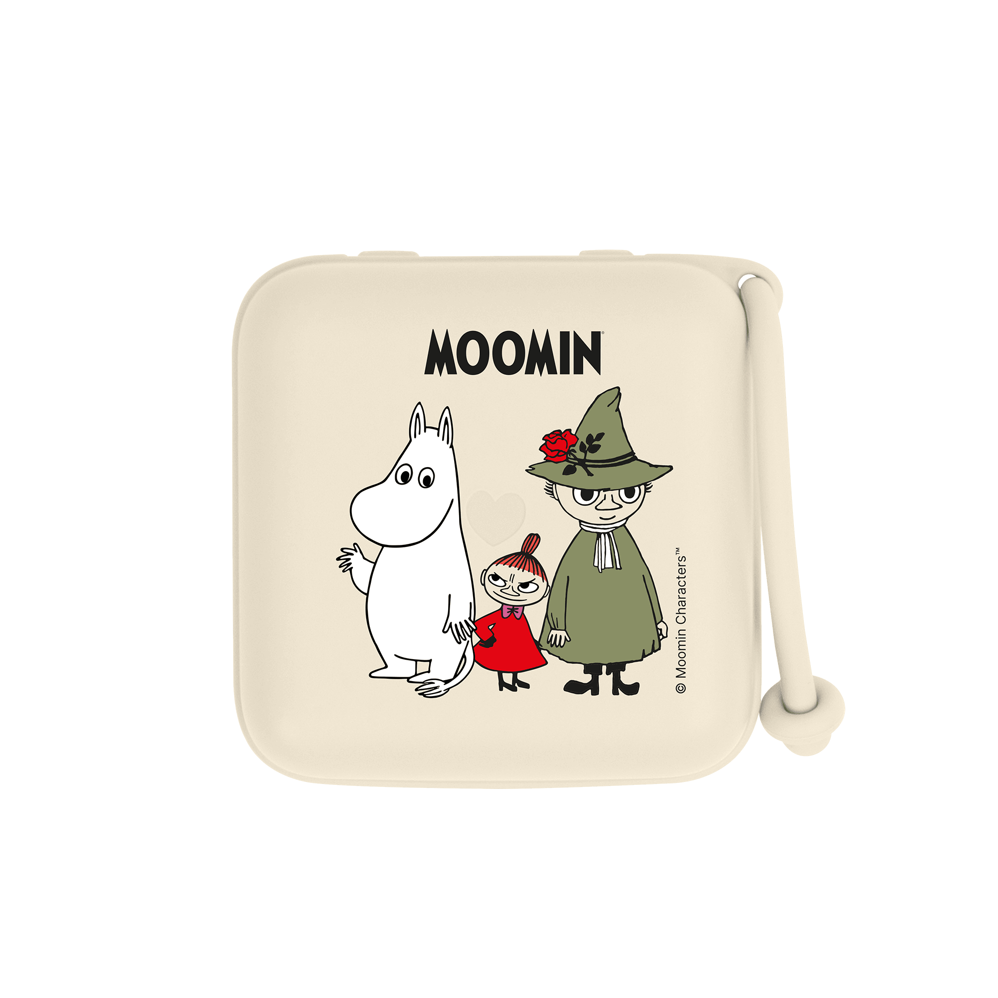 Kremfarget firkantet Moomin øretelefonetui med Mummi, Lille My og Snusmumriken-trykk og en stropp.
