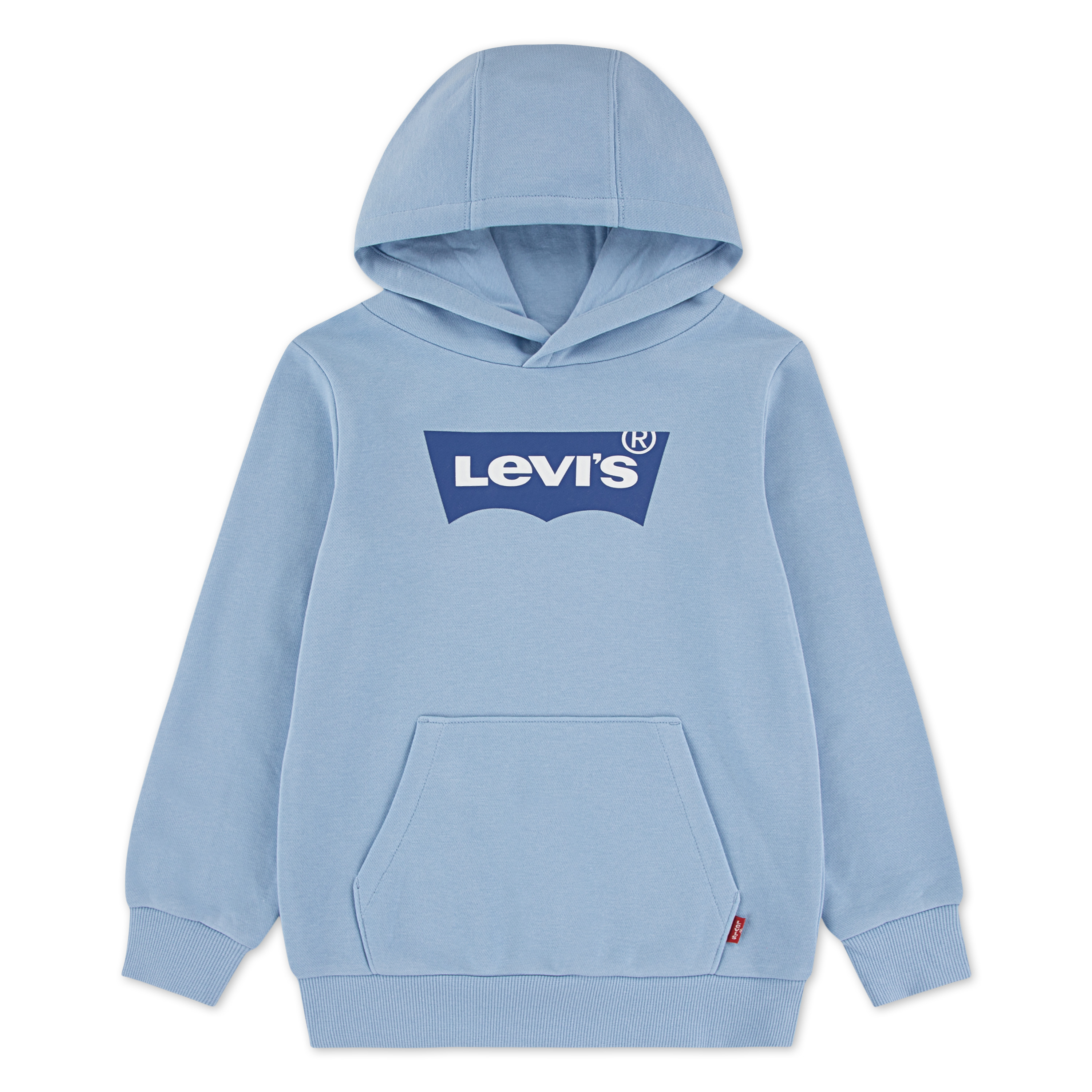 Lyseblå langermet hettegenser for barn med kengurulomme, hette og et blått og hvitt brystlogo.